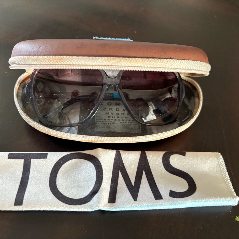 TOMS Black and Brown Sunglasses with Striped Blue Arms with Case